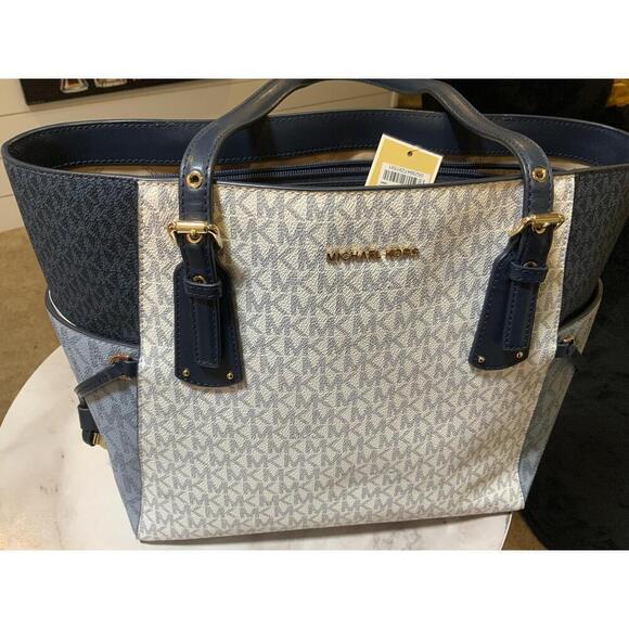 Michael Kors Blue Leather Logo Print Tote Handbag Dual Handles Sz 11x11 Luxe Bag - Picture 12 of 14